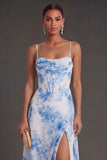 Spaghetti Straps White Blue Floral A Line Corset Midi Beach Wedding Guest Dress