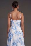 Spaghetti Straps White Blue Floral A Line Corset Midi Beach Wedding Guest Dress