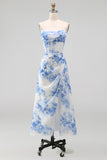 Spaghetti Straps White Blue Floral A Line Corset Midi Beach Wedding Guest Dress