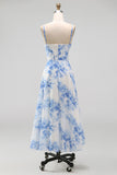 Spaghetti Straps White Blue Floral A Line Corset Midi Beach Wedding Guest Dress