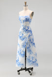 Spaghetti Straps White Blue Floral A Line Corset Midi Beach Wedding Guest Dress