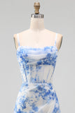 Spaghetti Straps White Blue Floral A Line Corset Midi Beach Wedding Guest Dress