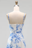 Spaghetti Straps White Blue Floral A Line Corset Midi Beach Wedding Guest Dress
