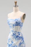 Spaghetti Straps White Blue Floral A Line Corset Midi Beach Wedding Guest Dress