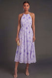 Halter Neck Floral Pleated A Line Midi Beach Wedding Guest Dress