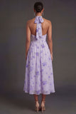 Halter Neck Floral Pleated A Line Midi Beach Wedding Guest Dress