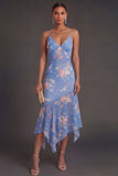 Sheath Floral Blue Spaghetti Straps Ruffled High Low Beach Wedding Guest Dress