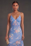 Sheath Floral Blue Spaghetti Straps Ruffled High Low Beach Wedding Guest Dress