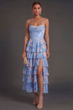 Corset Blue Floral Ruffled Tiered Midi Wedding Guest Dress with Slit