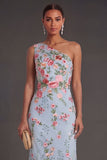 Sheath Blue Pink Floral One Shoulder Midi Beach Wedding Guest Dress