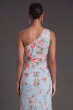 Sheath Blue Pink Floral One Shoulder Midi Beach Wedding Guest Dress