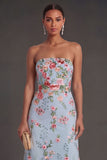 Strapless A Line Blue Pink Floral Midi Beach Wedding Guest Dress