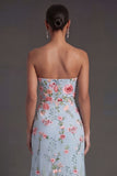 Strapless A Line Blue Pink Floral Midi Beach Wedding Guest Dress