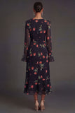 Long Sleeves Black Floral A Line Ruffled Midi Beach Wedding Guest Dress