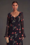 Long Sleeves Black Floral A Line Ruffled Midi Beach Wedding Guest Dress