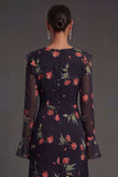 Long Sleeves Black Floral A Line Ruffled Midi Beach Wedding Guest Dress