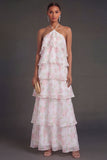 White Pink Floral A Line Ruffled Halter Neck Long Beach Wedding Guest Dress