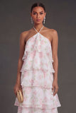 White Pink Floral A Line Ruffled Halter Neck Long Beach Wedding Guest Dress