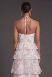 White Pink Floral A Line Ruffled Halter Neck Long Beach Wedding Guest Dress