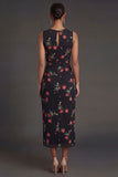 Sheath Black Floral Ruched Round Neck Midi Beach Wedding Guest Dress