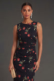 Sheath Black Floral Ruched Round Neck Midi Beach Wedding Guest Dress