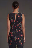 Sheath Black Floral Ruched Round Neck Midi Beach Wedding Guest Dress