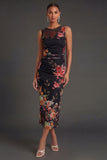 Ruched Floral Black Sheath Sleeveless Midi Beach Wedding Guest Dress