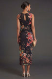Ruched Floral Black Sheath Sleeveless Midi Beach Wedding Guest Dress
