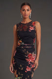 Ruched Floral Black Sheath Sleeveless Midi Beach Wedding Guest Dress