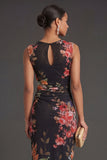 Ruched Floral Black Sheath Sleeveless Midi Beach Wedding Guest Dress