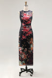 Ruched Floral Black Sheath Sleeveless Midi Beach Wedding Guest Dress