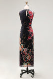 Ruched Floral Black Sheath Sleeveless Midi Beach Wedding Guest Dress