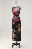 Ruched Floral Black Sheath Sleeveless Midi Beach Wedding Guest Dress