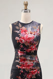 Ruched Floral Black Sheath Sleeveless Midi Beach Wedding Guest Dress
