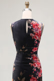 Ruched Floral Black Sheath Sleeveless Midi Beach Wedding Guest Dress