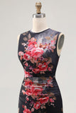 Ruched Floral Black Sheath Sleeveless Midi Beach Wedding Guest Dress