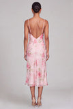 Pink Floral Sheath Spaghetti Straps Midi Wedding Guest Dress
