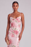Pink Floral Sheath Spaghetti Straps Midi Wedding Guest Dress