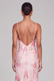 Pink Floral Sheath Spaghetti Straps Midi Wedding Guest Dress