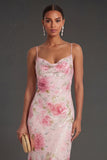 Pink Floral Sheath Spaghetti Straps Midi Wedding Guest Dress