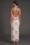 White Pink Floral Sheath Halter Neck Long Beach Wedding Guest Dress