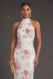 White Pink Floral Sheath Halter Neck Long Beach Wedding Guest Dress