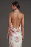 White Pink Floral Sheath Halter Neck Long Beach Wedding Guest Dress