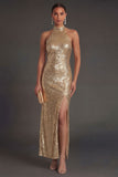 Gold Sheath Sparkly Halter Neck Long Wedding Guest Dress with Slit