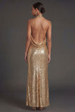 Gold Sheath Sparkly Halter Neck Long Wedding Guest Dress with Slit