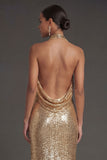 Gold Sheath Sparkly Halter Neck Long Wedding Guest Dress with Slit