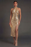 Halter Neck Sparkly Gold Sheath Midi Wedding Guest Dress with Slit
