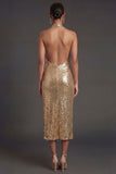Halter Neck Sparkly Gold Sheath Midi Wedding Guest Dress with Slit