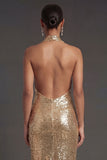 Halter Neck Sparkly Gold Sheath Midi Wedding Guest Dress with Slit