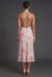Pink Floral Sheath Halter Neck Midi Beach Wedding Guest Dress with Slit